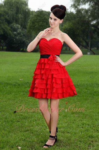 Scarlet Red Multi Layers Chiffon Short Prom Event Dress With Black Sash