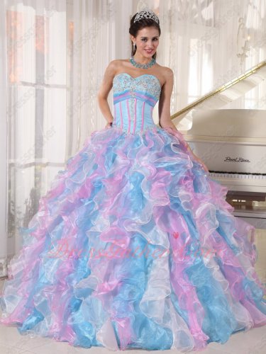 Bright Baby Blue/Pink/Off White Ruffles Military Court Ball Gown Colorful