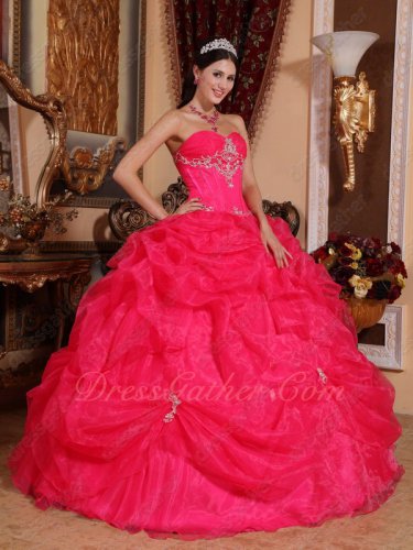 Deep Coral Organza Sweetheart Puffy Quinceanera Ball Gown Full Fishbone Bodice
