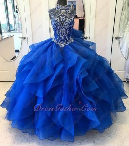 High Neck Modest Royal Blue Layers Waterfall Ruffles Horsehair Fotos De Quinceanera