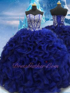 V-Shape Lines Basque Curly Edging Floor Length Dark Royal Blue Prom Ball Gown Attire