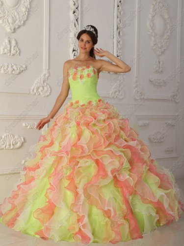 Watermelon/Yellow Green/Off White Multi-Color Mixed Ruffles Fairies Quinceanera Dress