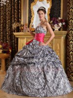 Vintage Printed Zebra Fabric Puffy Quinceanera Ball Gown With Hot Pink Sash