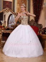 Sparkling Gold Sequin With White Lines Bodice Quinceanera Ball Gown Plain Tulle Skirt