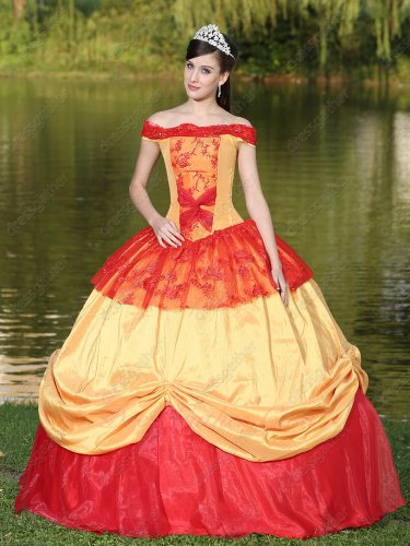 Off Shoulder Gold and Red Victoria Palace Style Quinceanera Dress Lolita