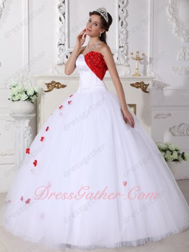 Lily Pure White Princess Puffy White Mesh Quinceanera Dress With Scarlet Details