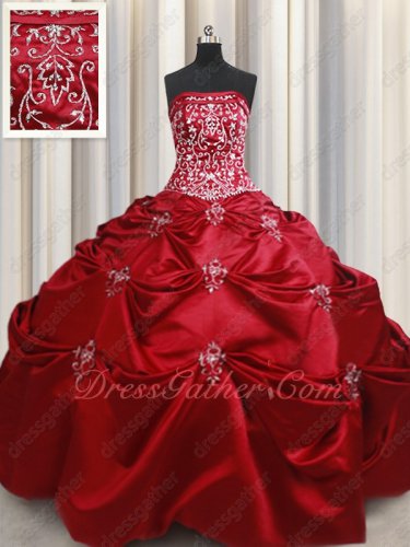 Classical Dark Red Satin Country Style Quinceanera Gown Silver Handwork Embroidery