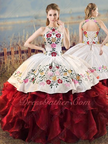 Flowers and Leaves Embroidery White & Dark Wine Red Ruffles Ball Gown Western Village
