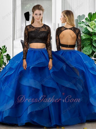 Black Lace Long Sleeves Lace Bodice Royal Blue Horsehair Ruffles Two Pieces Ball Gown