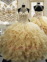 Halter Champagne Organza Wave Ruffles Quinceanera Court Military Ball Gown Princess