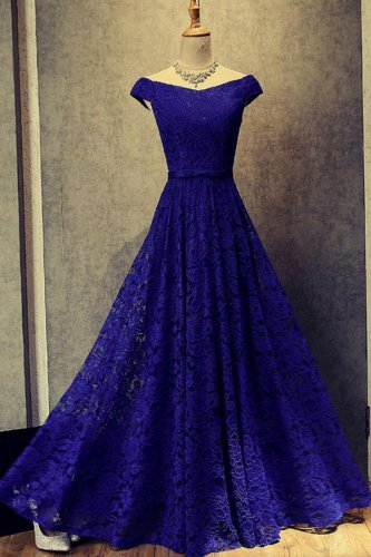 Elegant Capped Shoulder A-line Full Lace Royal Blue Mother of the Bride Dress Senior Lady Gown