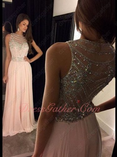 Shiny Beading Bodice Scoop Blush Chiffon Floor Length Stage Show Dress