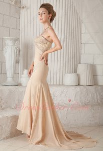 Slender Sweetheart Mermaid Romantic Prom Dress Champagne Chiffon With Lace Decorate