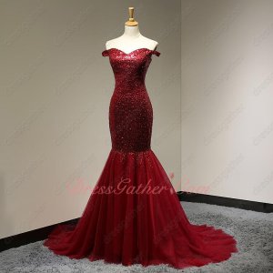 Flashy Sequin Dark Cherry Red Tulle Trumpet Music Festival Dress Amazing