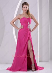 Cheap Fuchsia Chiffon High Slit Exposed Thigh Dress Dolled up For Prom Formal