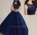 Scoop Neck Navy Blue Two-Pieces Ball Gown Appliques The Entire Dress