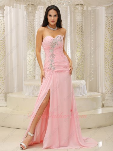 Cute Pink Little Sweep Train Dinner Celebrity Evening Dress Right Thigh Opening Design