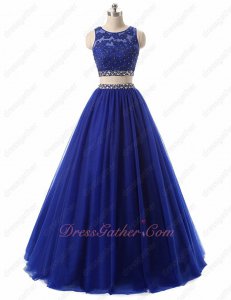 Graceful Lace Corset Exposed Waist Style Two-Piec Royal Blue Dancing Dress