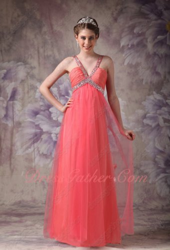 Deep V-neck Watermelon Gauzy Chiffon Flowing Formal Prom Dress Fashionable