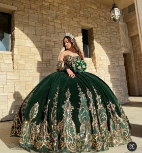 2023 Emerald Green and Gold Quinceanera Dress 15th Birthday Dress Removable Sleeves