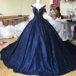 Gorgeous Glitter Navy Blue Cathedral Train Quinceanera Dress Factory Real Product