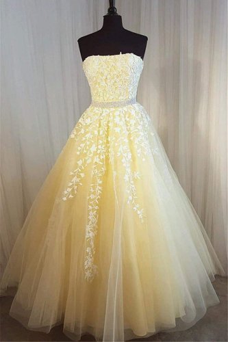 Strapless Light Yellow Formal Party Dress Embellished With Leaves Pattern Lace