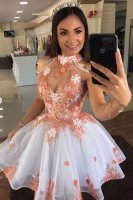 Halter High Neck With Pearl String White and Peach Cocktail Dress 3D Flowers Lace