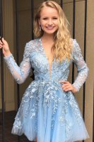 Sheer Long Sleeves Baby Blue Cocktail Dress Leaves Pattern Lace With Beading