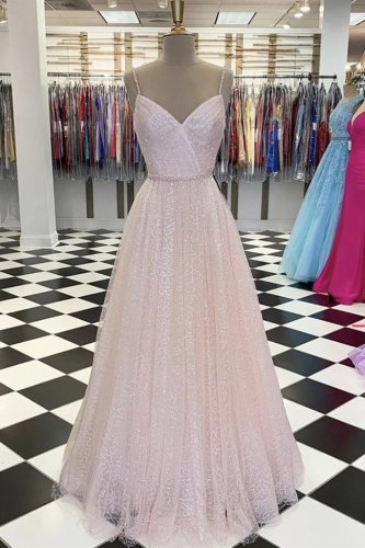 Shiny Sequins Floor Length Pink Prom Evening Dress Red Carpet Dress