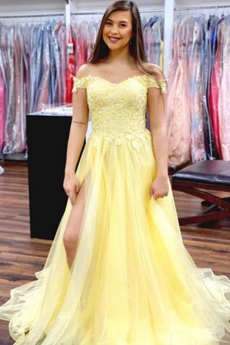 Designer New Off Shoulder Daffodil Mesh Prom Evening Dress With Split