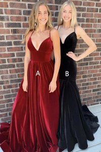 Designer Spaghetti Straps Horsehair Edging Hemline Formal Evening Dress Velvet