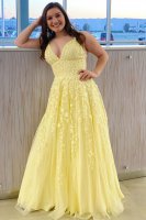 Chubby Girl Plus Size Prom Dress Light Yellow With Branches Leaves Lace