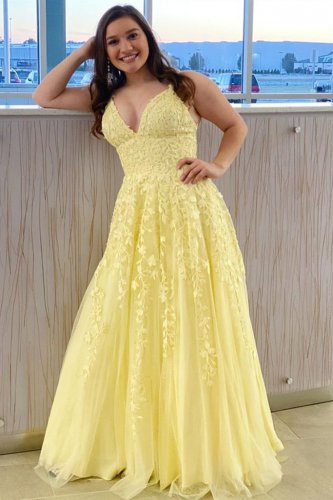 Chubby Girl Plus Size Prom Dress Light Yellow With Branches Leaves Lace