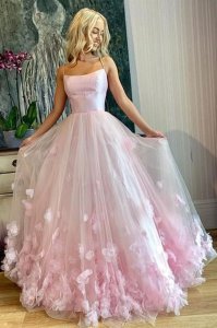 Handmade Floral Pink Spaghetti Straps University Prom Dress Live Out Girl’s Dreams