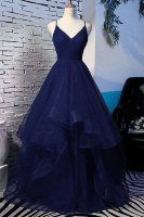 Decent Spaghetti Straps Ruched Navy Blue Horsehair Hemline Annual General Prom Dress