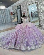 Elegant Sheer Scoop Full Lace 3D Flowers Lavender Quinceanera Ball Gown Cathedral Train