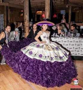 Scoop Horsehead Horseshoe Charro Embroidery and Ruffles Purple Quinceanera Dress Cathedral Train