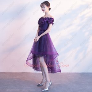 Pansy Grape Purple 3D Appliques and Beadwork Mesh High Low Formal Dress With Horsehair