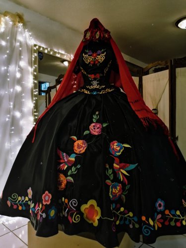 Off Shoulder Birds and Flowers Embroidery Charro Quinceanera Dress Black