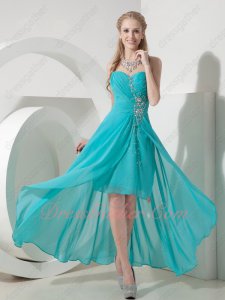 Delicate Sweetheart High-low Turquoise Chiffon Pleated Prom Dress Compere Wear