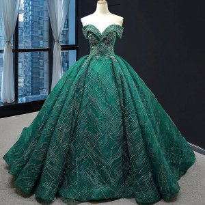 Lapel Neck Emerald Hunter Green Glitter Stripe Lace Quinceanera Ball Gown