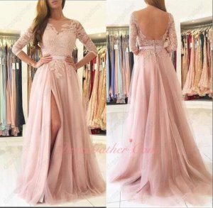 Transparent Scoop Neckline Half Sleeves Blush Pink Mesh Women Prom Dress With Appliques