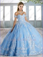 Sparkling Sequin Appliques Baby Blue Tulle Little Brush Train Quinceanera Gowns Cute