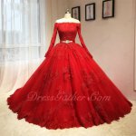 Sheer Mesh Long Applique Sleeves Crystals Belt Very Puffy Quinceanera Ball Gown In Red