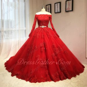 Sheer Mesh Long Applique Sleeves Crystals Belt Very Puffy Quinceanera Ball Gown In Red