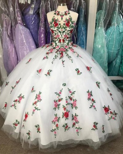 High Collar Floral Applique White Quinceanera Dress Sweet 16 Party Event 2022