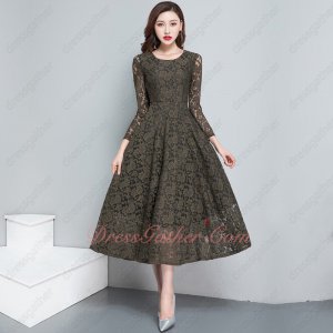 3/4 Sleeve Tea Length Sage Army Green Celadon Lace Casual Prom Dress Annual Conference