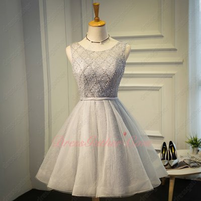 Scoop Neck Pearl Decorate Silver Lace Knee Length Maiden Homecoming Dress Shop