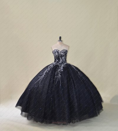 Silver Embroidery Black Sparkle Tulle Puffy Quinceanera Ball Gown Cheap Price