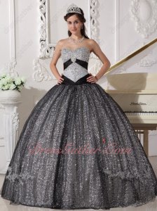 Silver Sparkling Sequin Basque Prom Quinceanera Dance Dress With Black Tulle